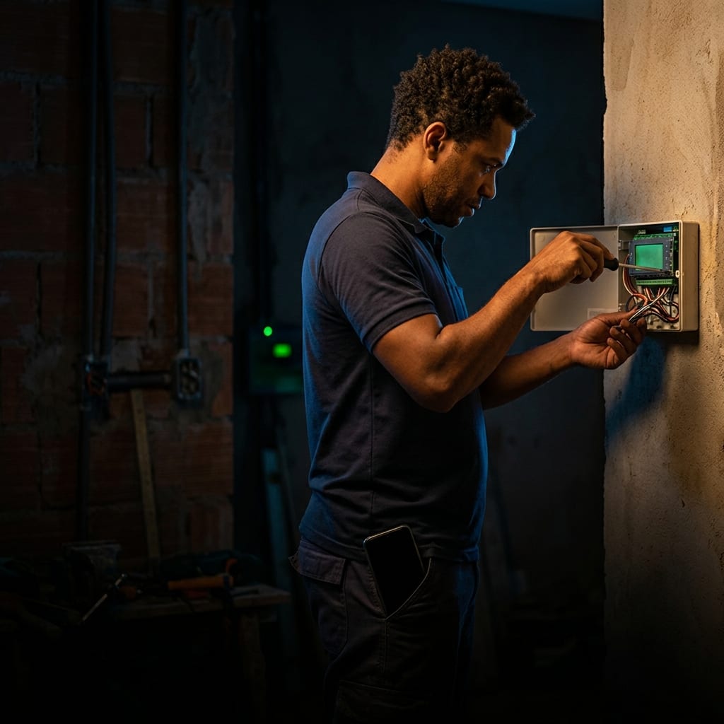 Instalador configurando painel de automação em uma residência