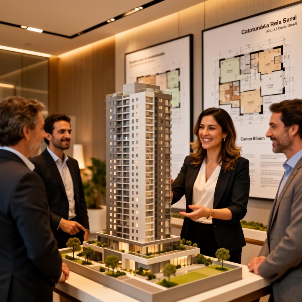 Corretora apresentando maquete de lançamento imobiliário com IA