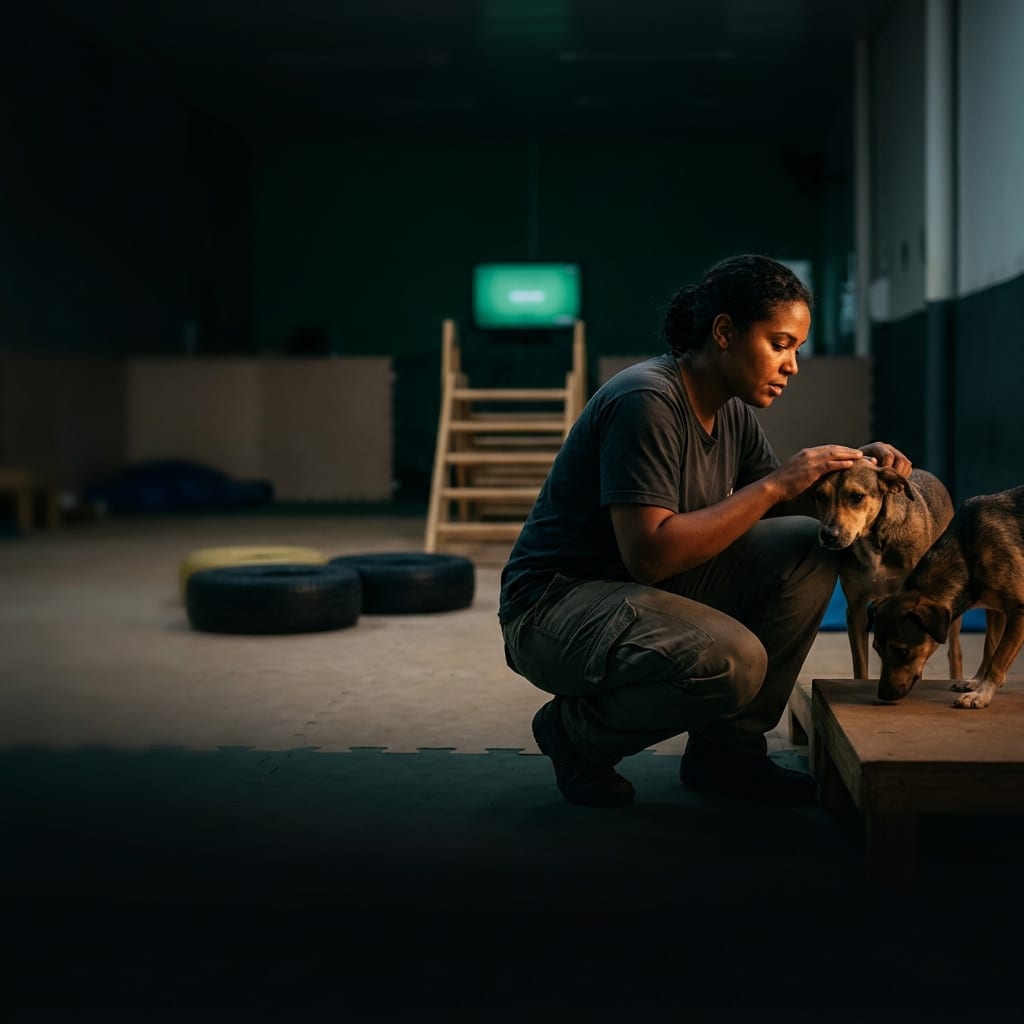 Cuidadora acompanhando cães na área de recreação da creche pet