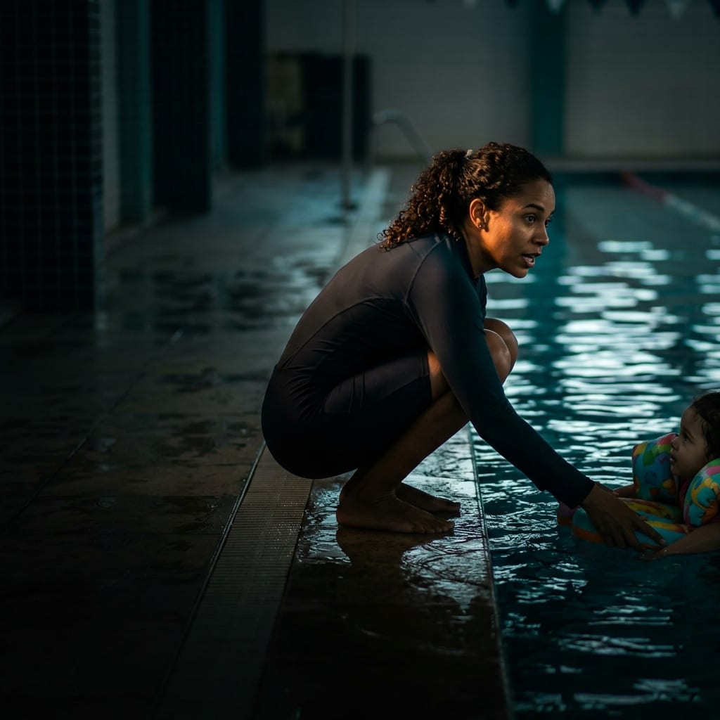Professora de natação orientando aluno na borda da piscina