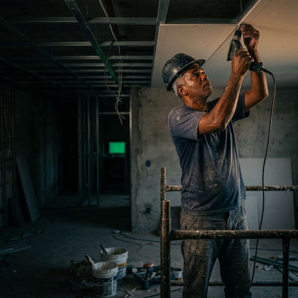 Gesseiro instalando placa de drywall no forro de uma obra