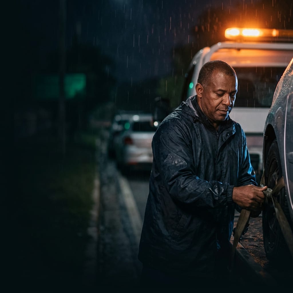 Motorista de guincho carregando um veículo na beira da estrada à noite