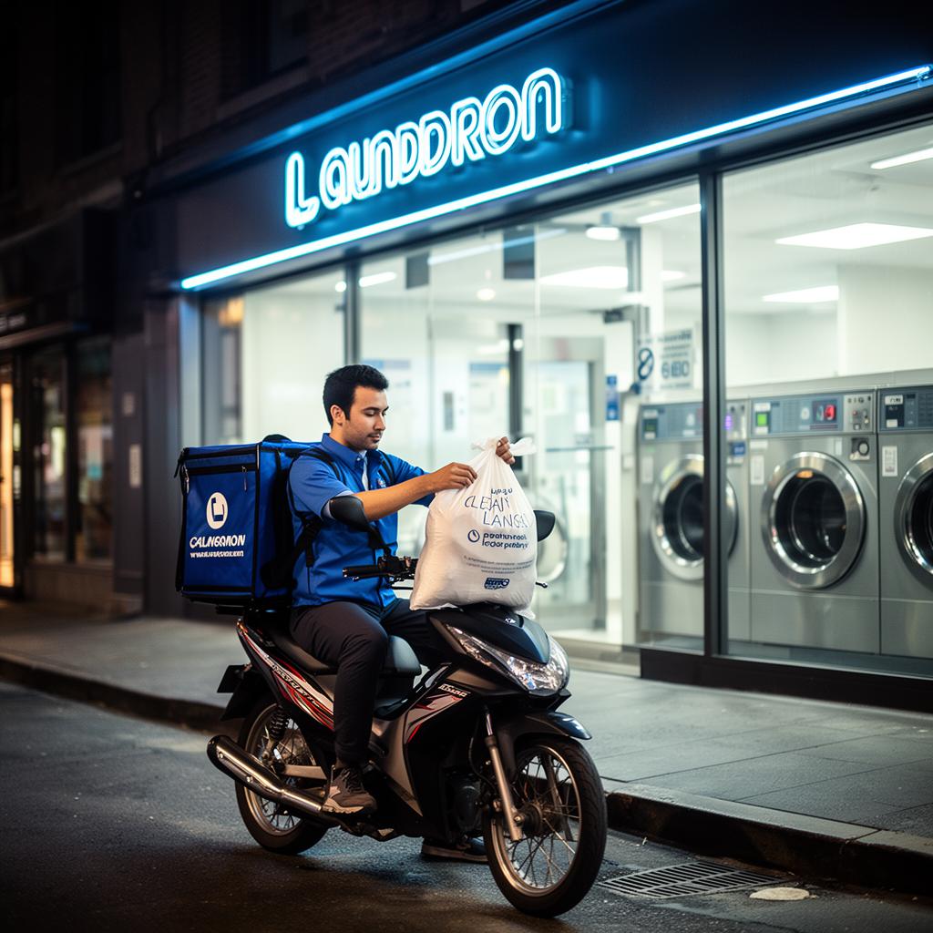 Motoboy de lavanderia delivery com IA gerenciando coletas