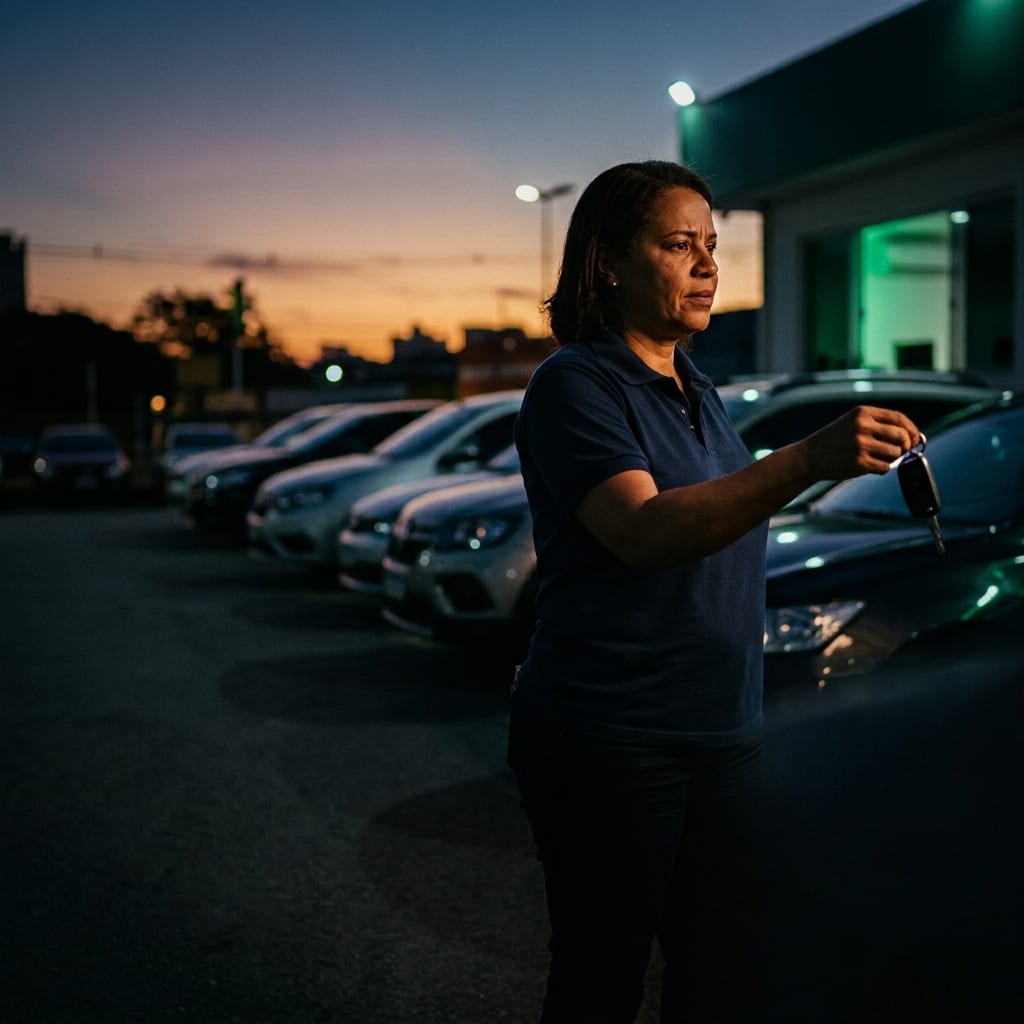 Atendente entregando a chave de um carro no pátio da locadora