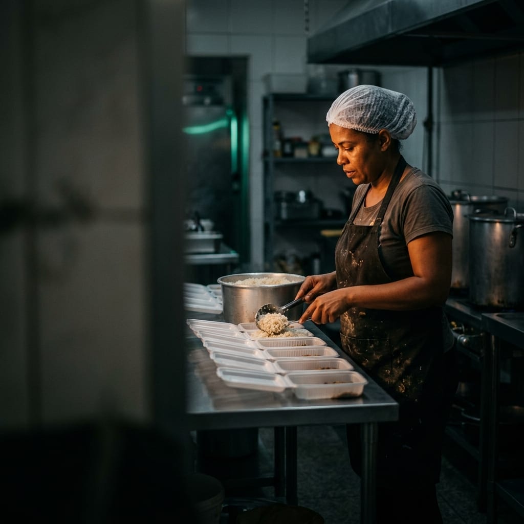 Cozinheira montando marmitas na bancada de uma cozinha industrial