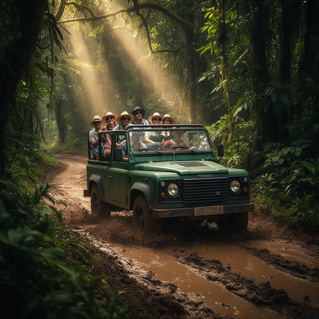 Jeep verde atravessando trilha de mata atlântica com turistas em aventura