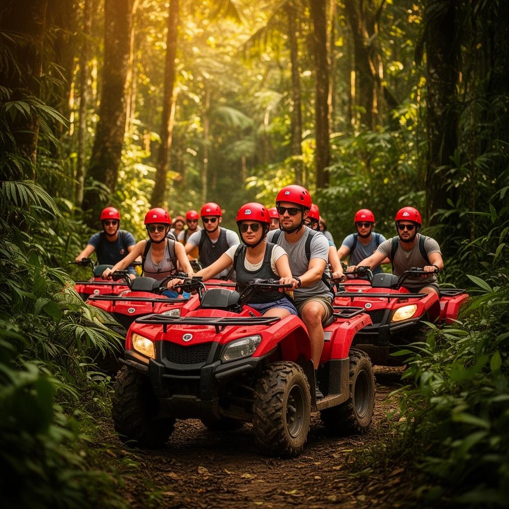 Grupo de turistas em quadriciclos vermelhos atravessando dunas ao pôr do sol