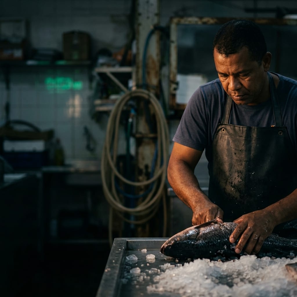 Peixeiro limpando peixe fresco no balcão da peixaria