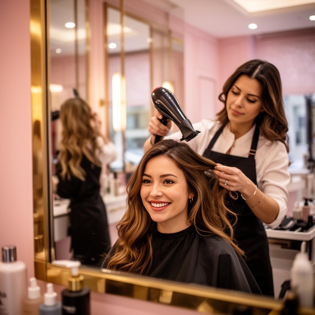 Cabeleireira fazendo escova em cliente em salão moderno