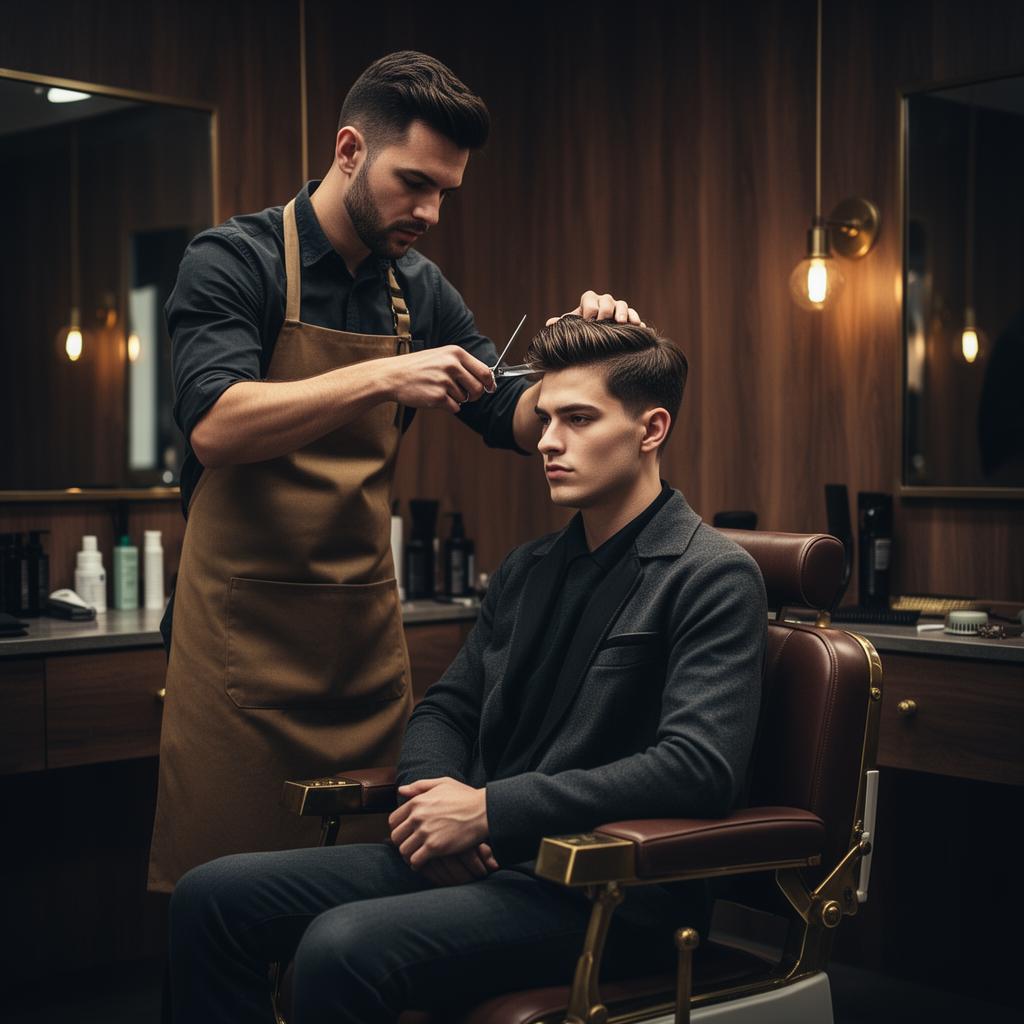 Cabeleireiro fazendo corte masculino em salão moderno