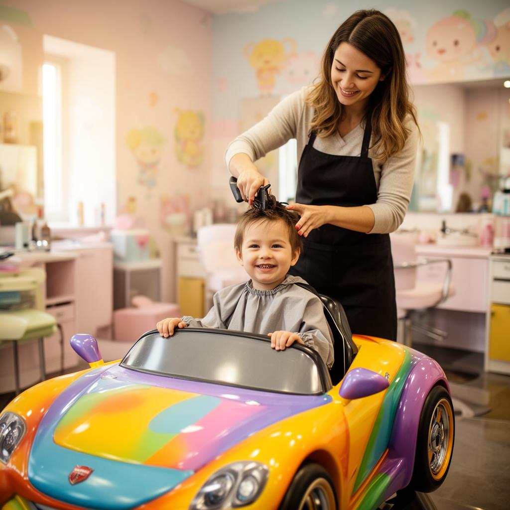 Salão de cabeleireiro infantil com criança em cadeira temática e IA atendendo mães