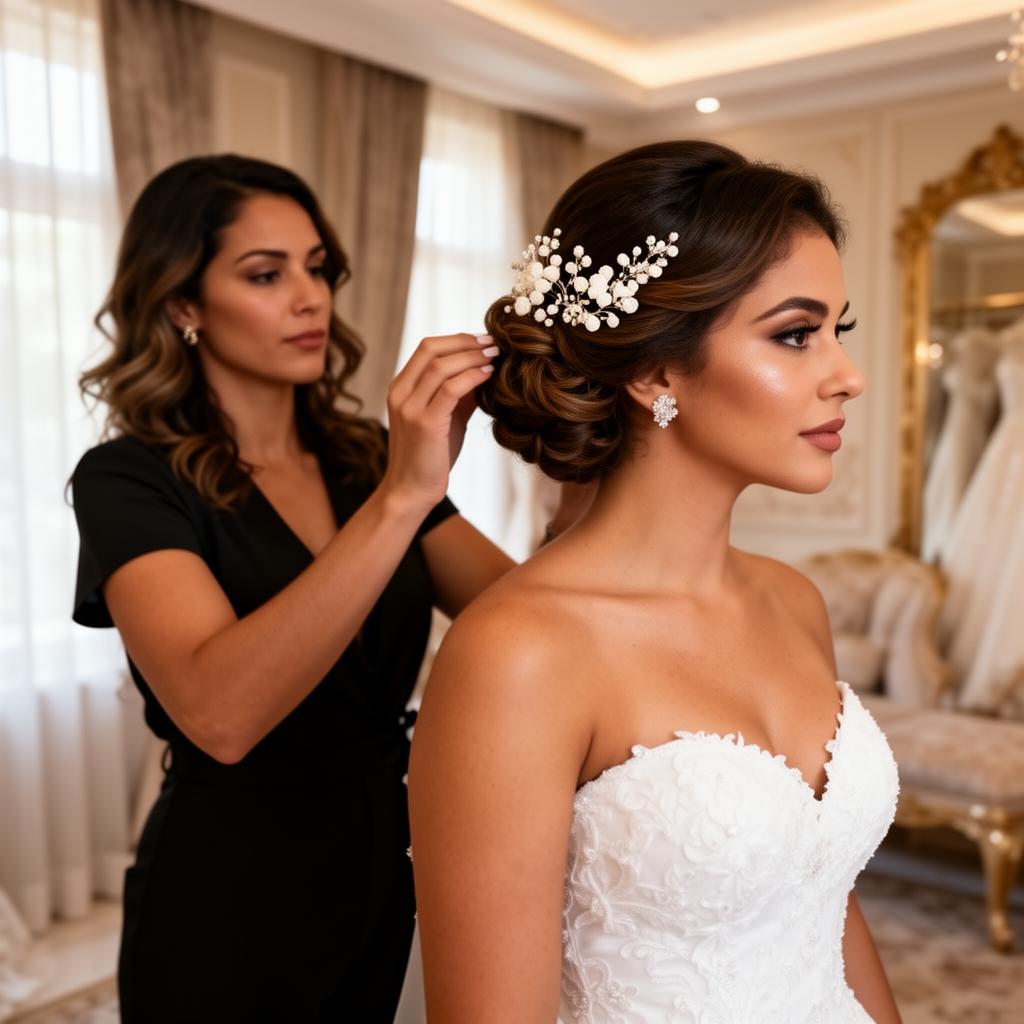 Cabeleireira fazendo penteado em noiva com atendimento por IA