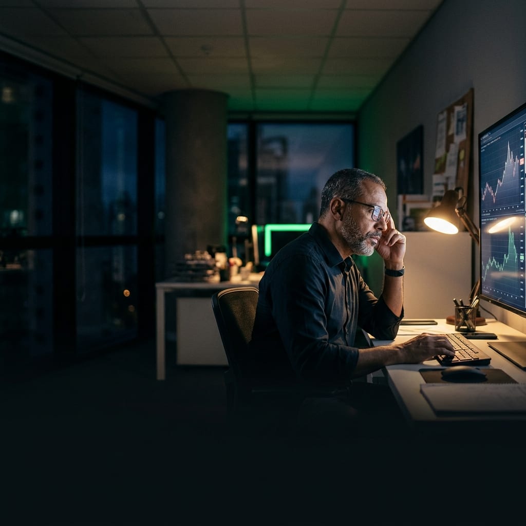 Empreendedor estudando indicadores de atendimento no escritório